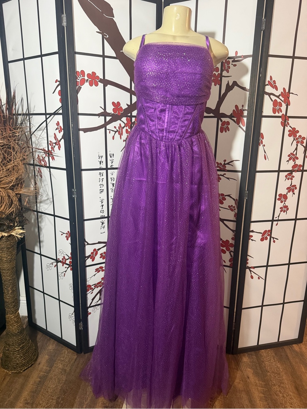 Glitter Tulle Purple Prom Dress with Corset Bodice